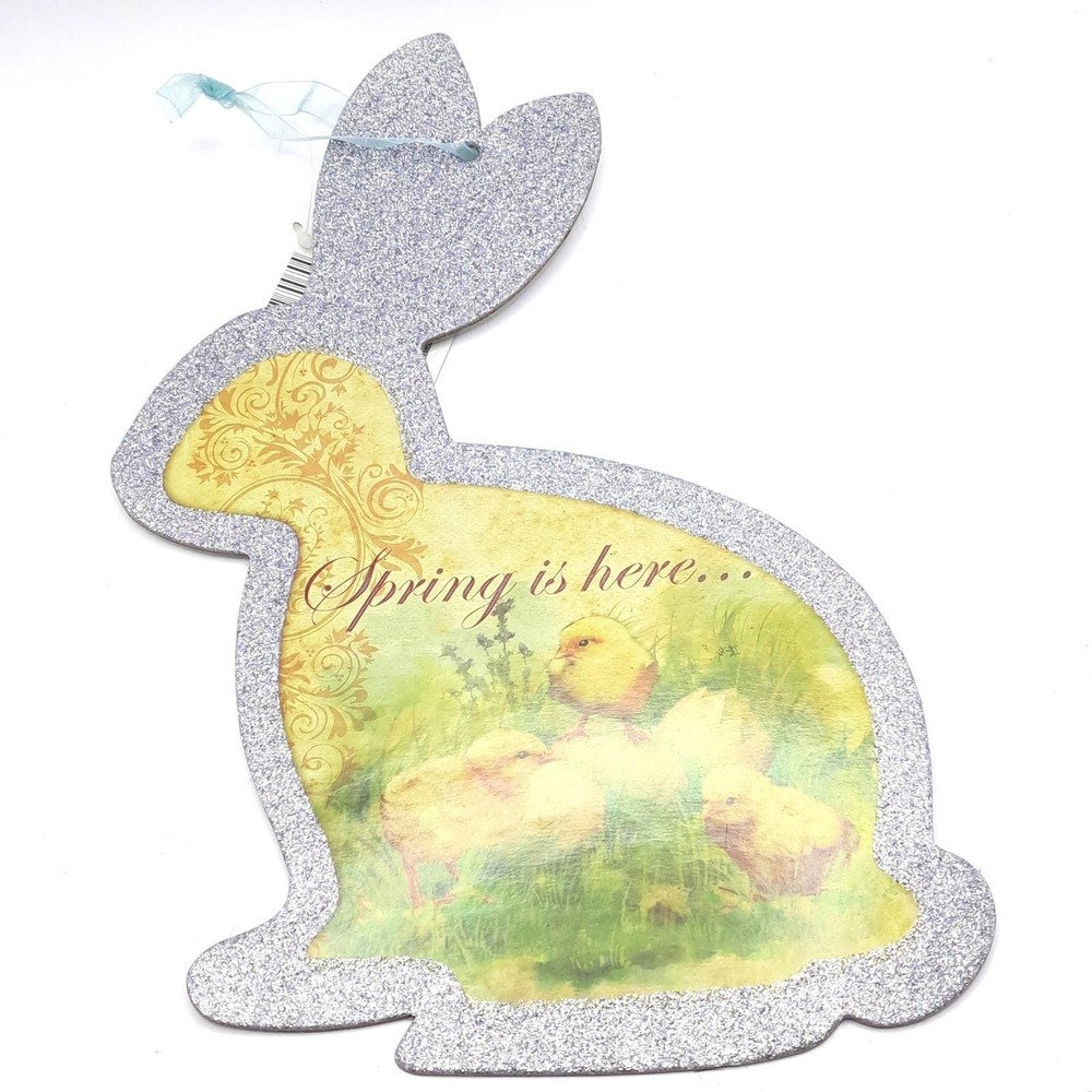 Spring Bunny Wall Decor 12" Silver Glitter Vintage‎ Chick Easter Sign